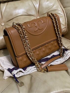 COA Tory Burch LKNW Quilted Fleming Bag Camel Convertible Chain Leather